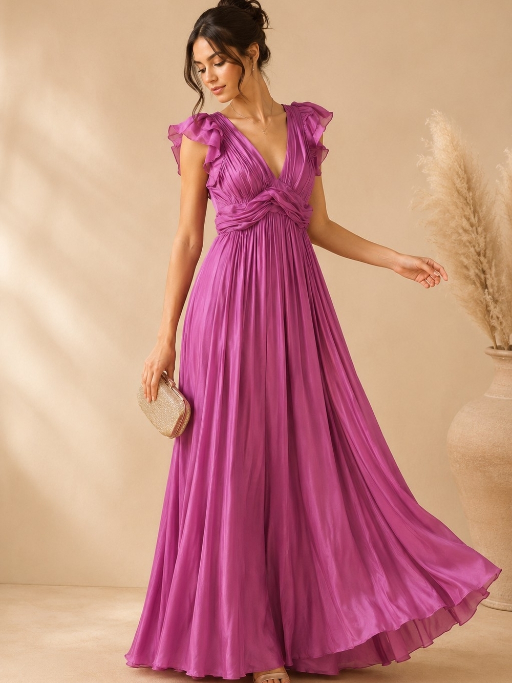 MABLE Fuchsia Pleated V-Neck Prom Gown SIZE M